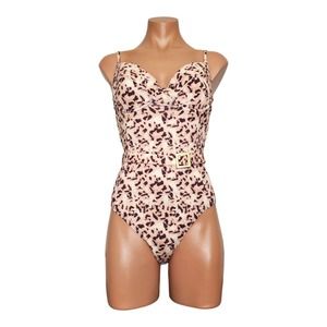 We Wore What Danielle underwire belted tortoise tan one piece swimsuit size M